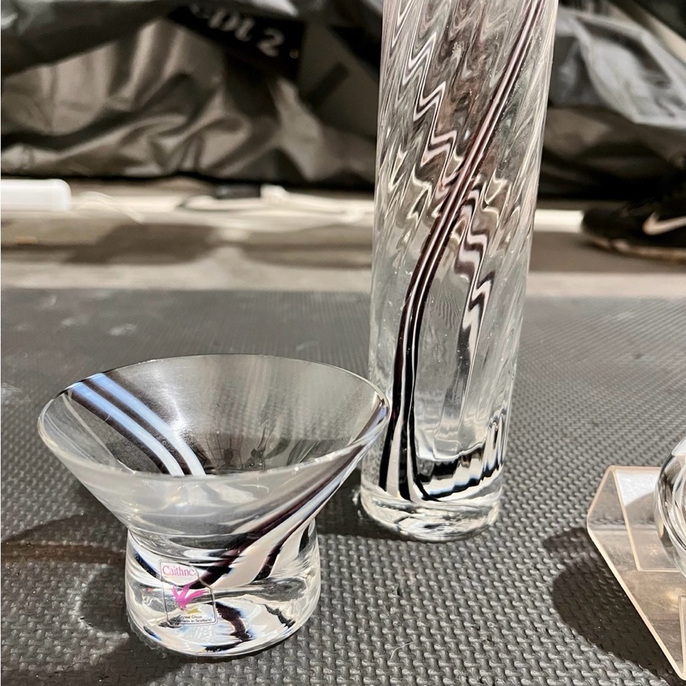 Glass Vase and Bowl Set with Black and White Swirl